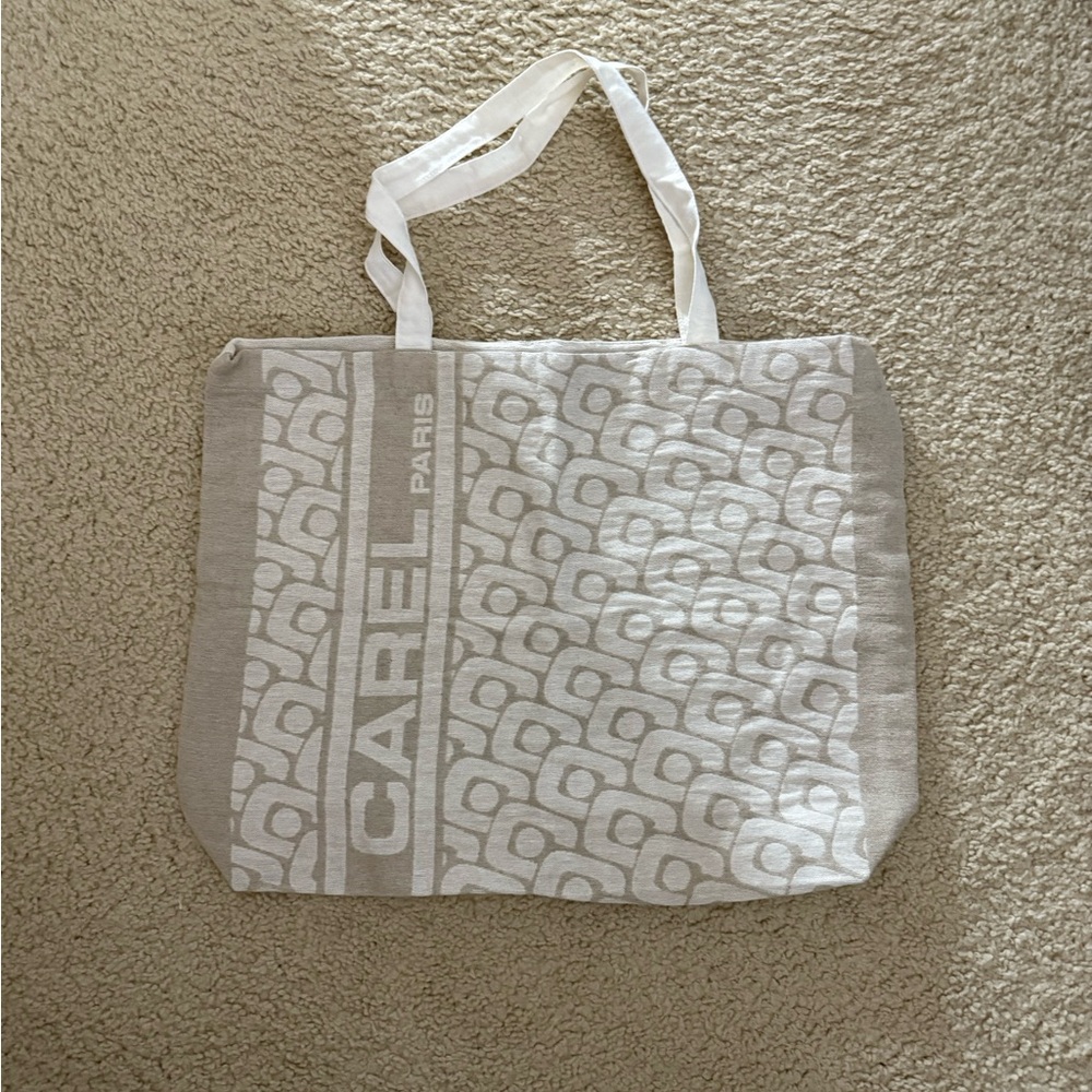 Carel Paris Tan and White Geometric Canvas Tote Bag